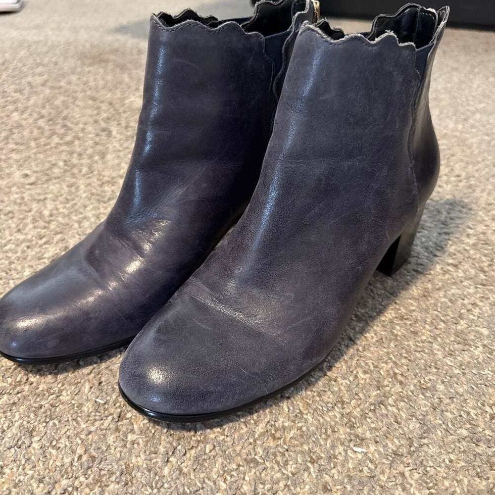 Lands' End Women's Scalloped Edge Navy Blue Leather Ankle Boots with Back Zip